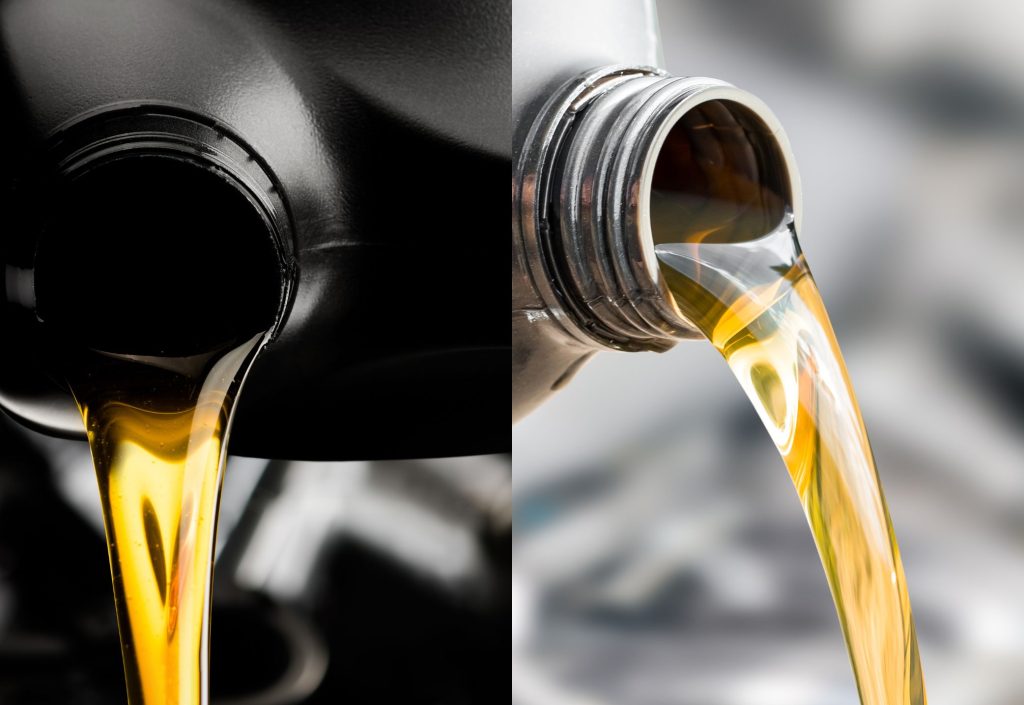 Imagen que muestra de lado izquierdo un aceite sintético, y de lado derecho aceite mineral 